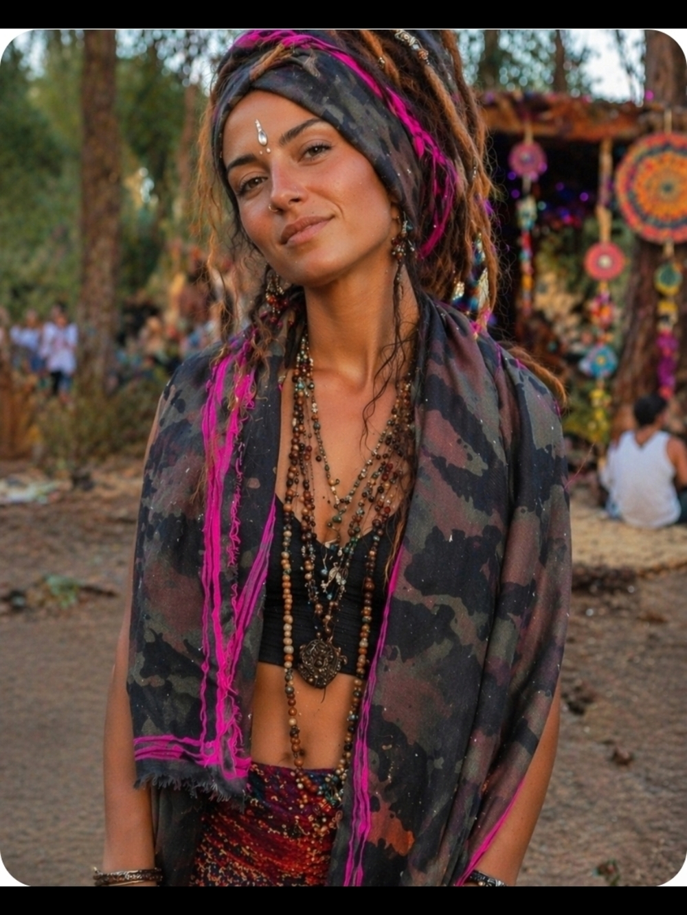 4/$15 Camo Print Scarf with Hot Pink Trim Boho Festival Women's Accessories